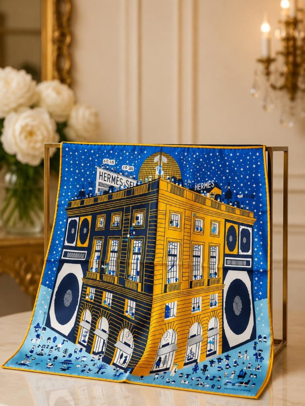 Authentic Hermès Paris Silk Gavroche Scarf Blue Yellow Pixel Art Square Luxury